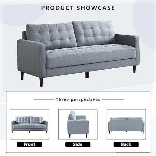 Miniatura 8 de Sofá moderno de mediados de siglo, tela de lino con botones de 74.8 pulgadas, tapizado, cómodo sofá de 3 plazas profundas, sofá biplaza para sala de