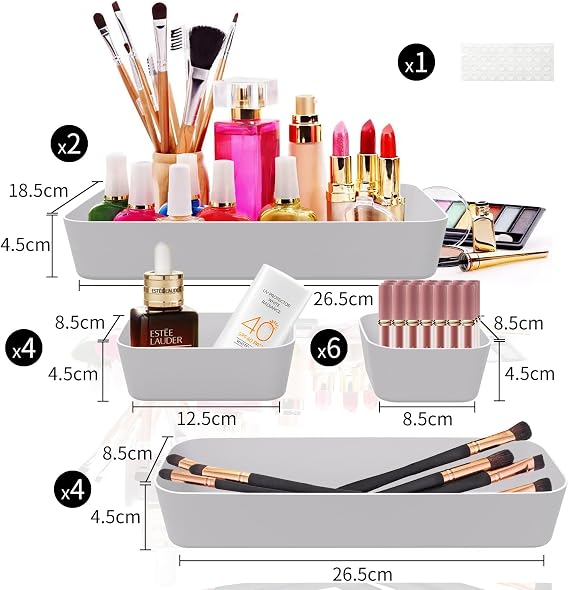 Drawer Organiser Box Organiser Drawers Organiser System 16 Pieces Kitchen Bathroom Cosmetic Spice Storage Organiser Drawer Plastic Office Desk Divider with Silicone Mats (Light Grey)