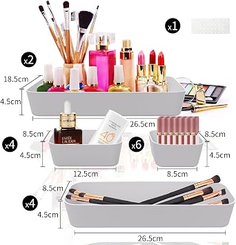 Drawer Organiser Box Organiser Drawers Organiser System 16 Pieces Kitchen Bathroom Cosmetic Spice Storage Organiser Drawer Plastic Office Desk Divider with Silicone Mats (Light Grey)