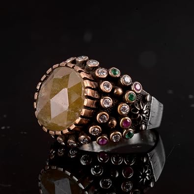 Handmade 925 Sterling Silver Sultan Ring with Genuine Raw Natural Yellow Sapphire Gemstone, Minimalist Vintage Statement Design