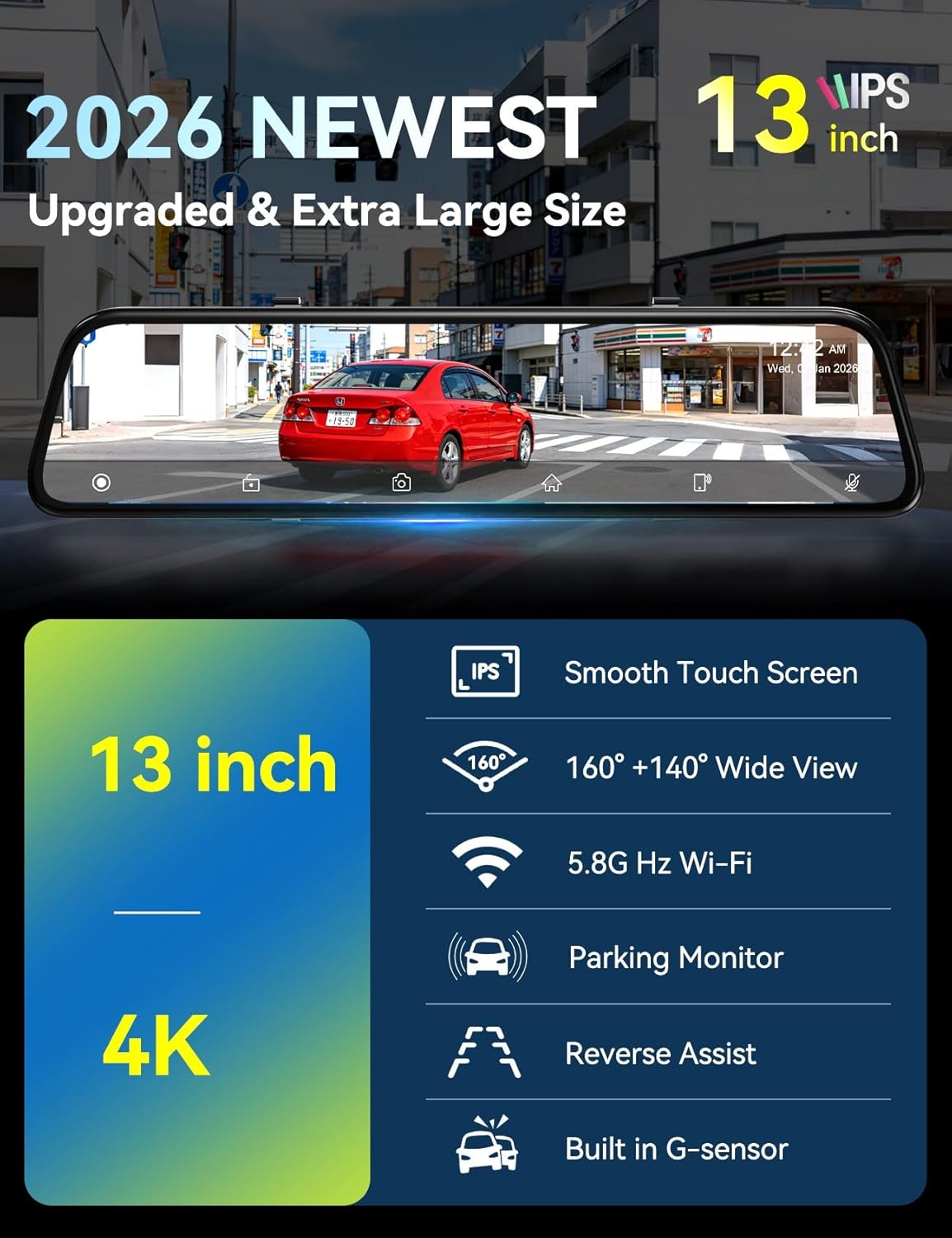 2026 Ultrawide 13’’ 4K Rear View Mirror Camera with Carplay&Android Auto, 5.8GHz WiFi Smart Rearview Mirror with Voice Control/Split Screen, 64GB Card Included,Reverse Assist//Loop Record/G-Sensor