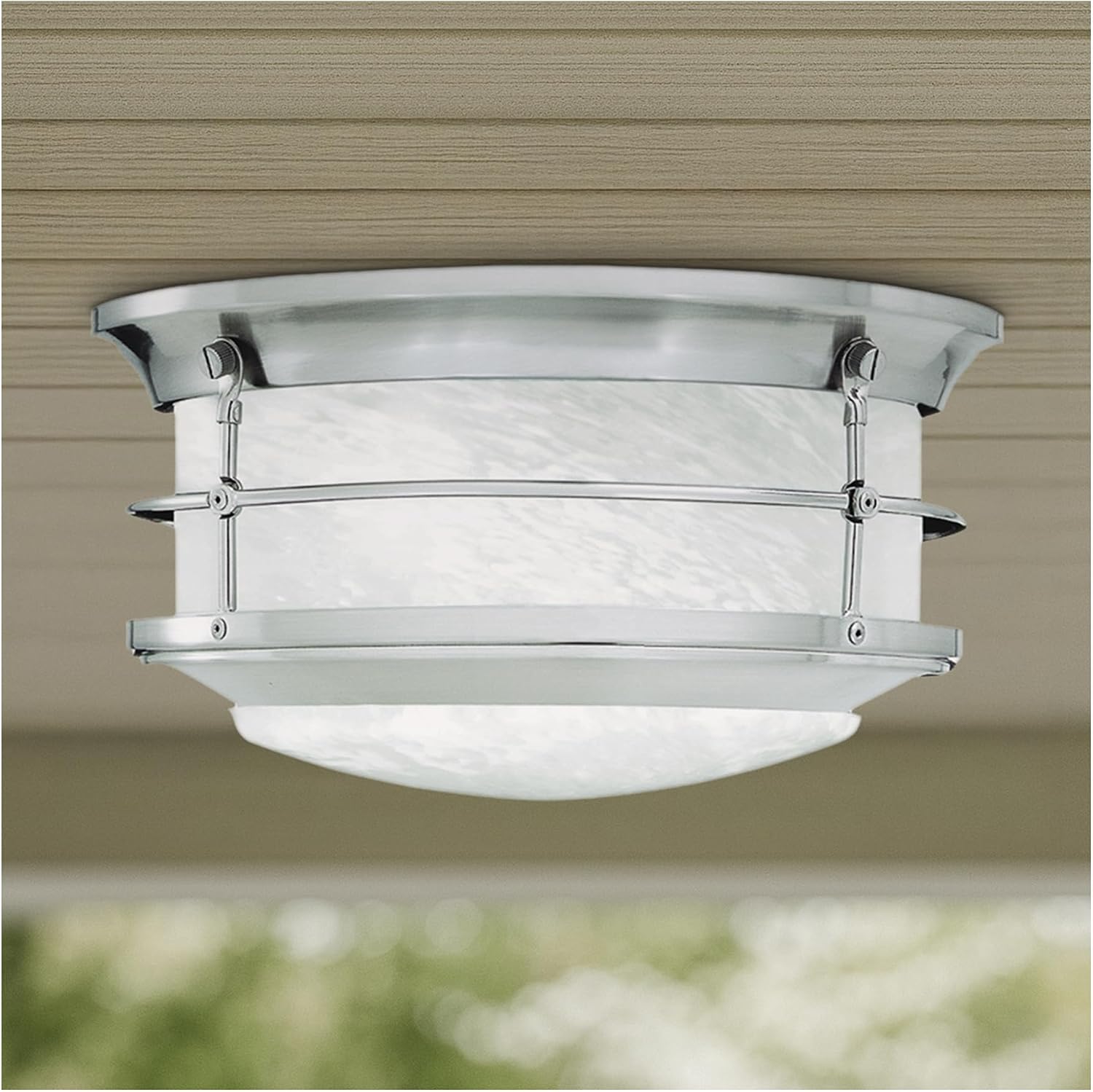 Elk Home Verglas 11.25-Inch 2-Light Outdoor Flush Mount - Brushed Nickel Ceiling Light with White Stone Glass, Transitional Coastal Style for Covered Porch, Patio, Entryway, Garage