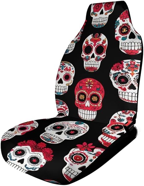Universal Day Dead Floral Rose Sugar Skull Car Seat Covers Waterproof Bucket Seat Cover Fit for Car, Truck, SUV, Sedans, Sporty Design