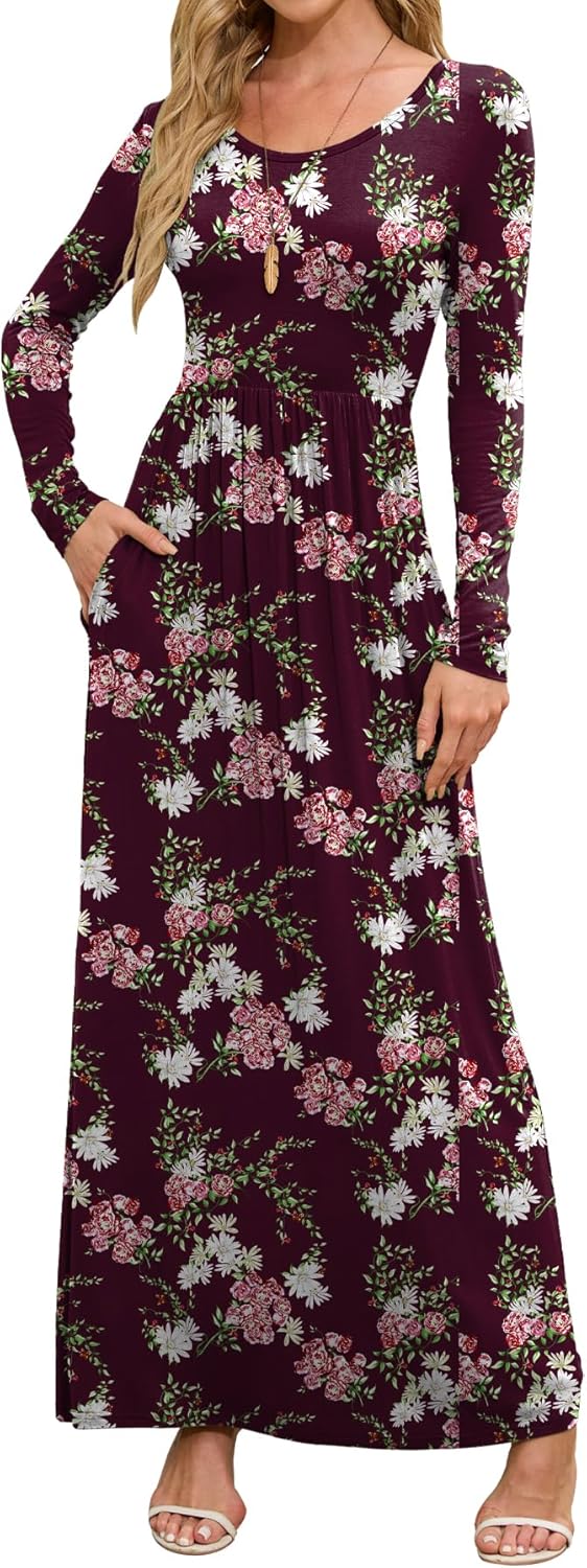 DEARCASE Women's Maxi Dress Long Sleeve Crewneck Loose Plain Casual Empire Waist Fall Party Long Dresses with Pockets