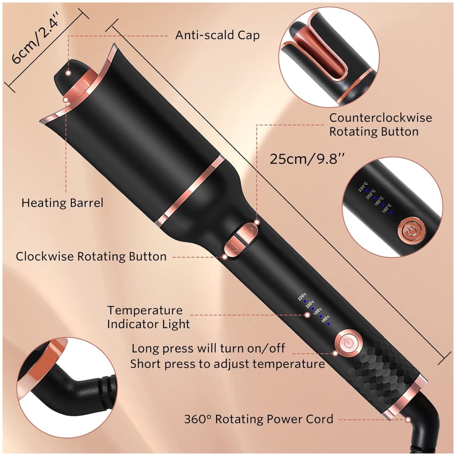 Bukle Yapıcı Saç Maşası - 4 Farklı Sıcaklık Ayarı, Saç Hacimleştirici, Hızlı ve Etkili Saç Şekillendirme, Otomatik Döner Başlıklı Ergonomik Kullanım, Ev ve Kuaför Kullanımına Uygun Bukle Maşası