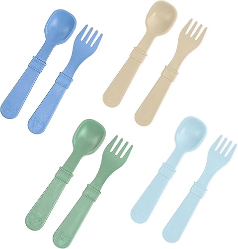 Re-Play Tenedores y cucharas para niños pequeños, paquete de 8 sin funda de transporte, 4 tenedores para niños con puntas redondeadas y 4 cucharas
