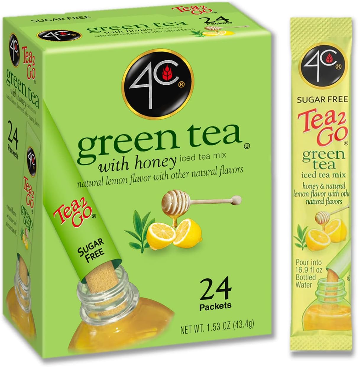 4C Powder Drink Mix Packets, Green Tea 1 Pack, 24 Count, Singles Stix On the Go, Refreshing Sugar Free Water Flavorings
