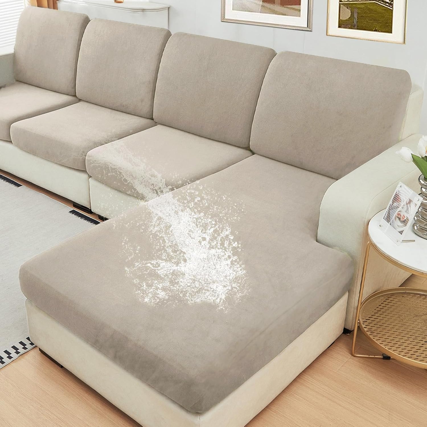 naisi waterproof couch cushion covers thick velvet fabric washable sofa slipcovers sectional couch covers for 4 pieces separate l shape couch cover with elastic bottom(3 seater + 1 chaise,light taupe) light taupe seat only: 3 seat + 1 chaise