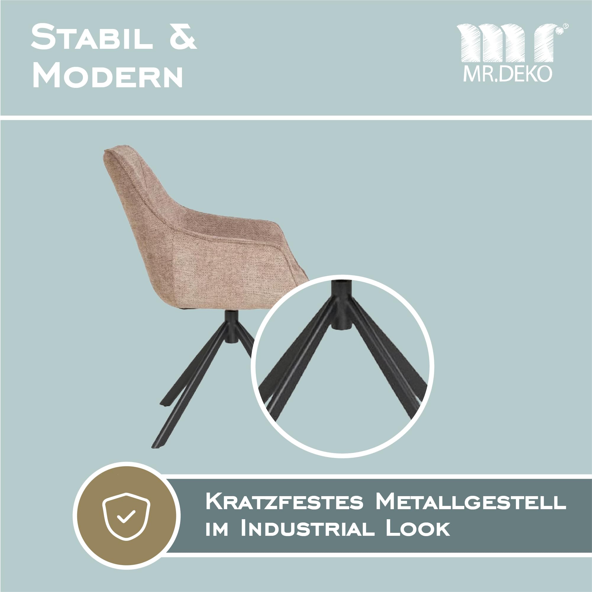 MR. DEKO Diningsessel 2-er Set San Carlo | drehbarer Esszimmerstuhl mit Armlehnen & Rückenlehne | 2 Moderne Polstersessel mit Schaumstoffkern | Drehstuhl 360 Grad | Essstuhl stabil und ergonomisch