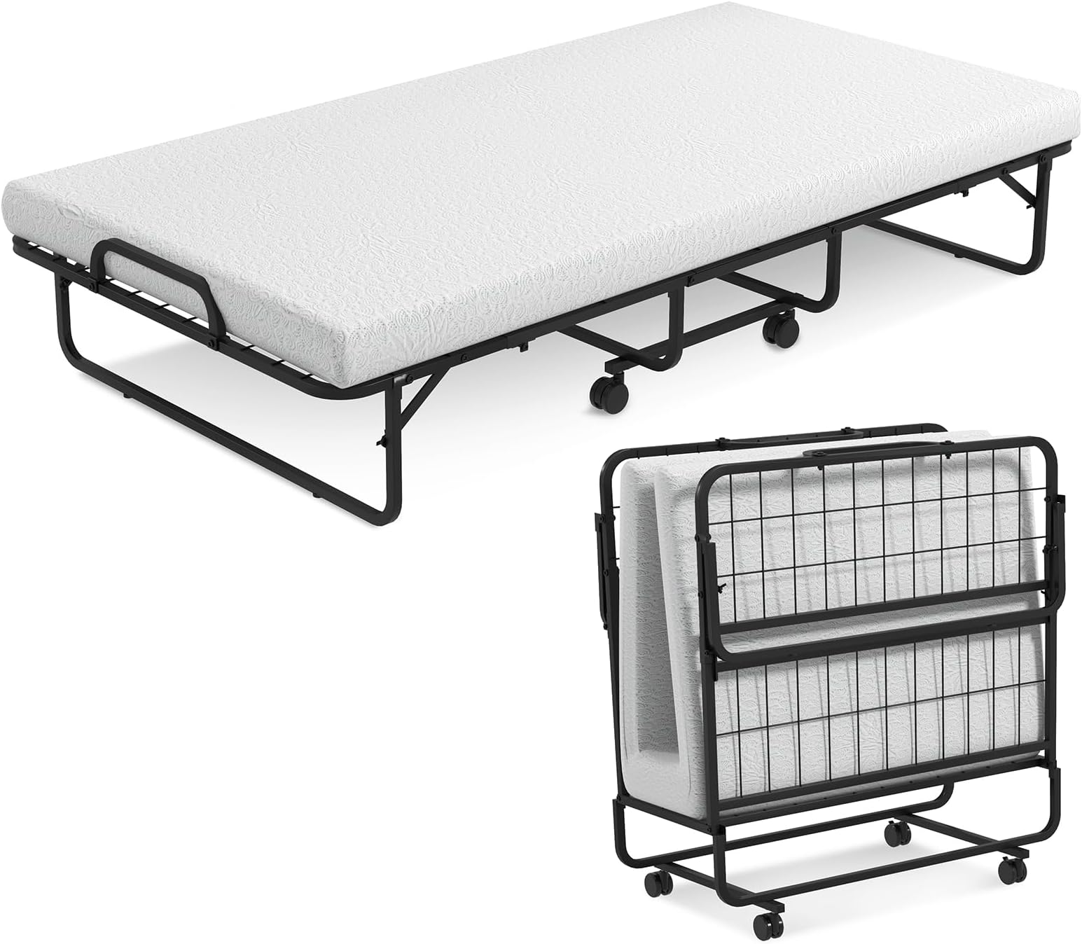 Multigot Folding Bed with 10cm Thick Memory Foam Mattress and Wheels, Portable Metal Frame Single Guest Mobile Sleeper Bed for Home Office Camping