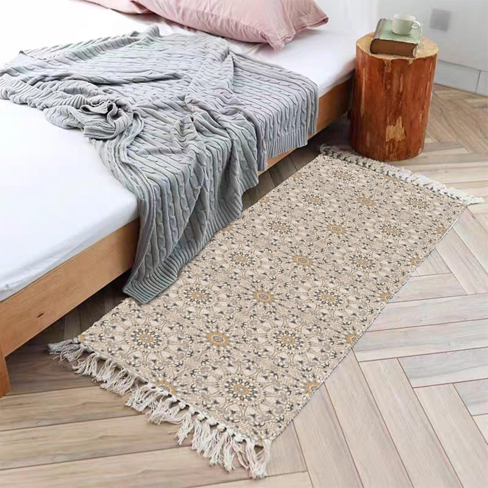 Prostokątny dywan 60 x 180 cm, nadaje się do prania, dywan z łatką lnianą i bawełną, geometryczny wzór z frędzlami, wycieraczka do wnętrz, jasny khaki