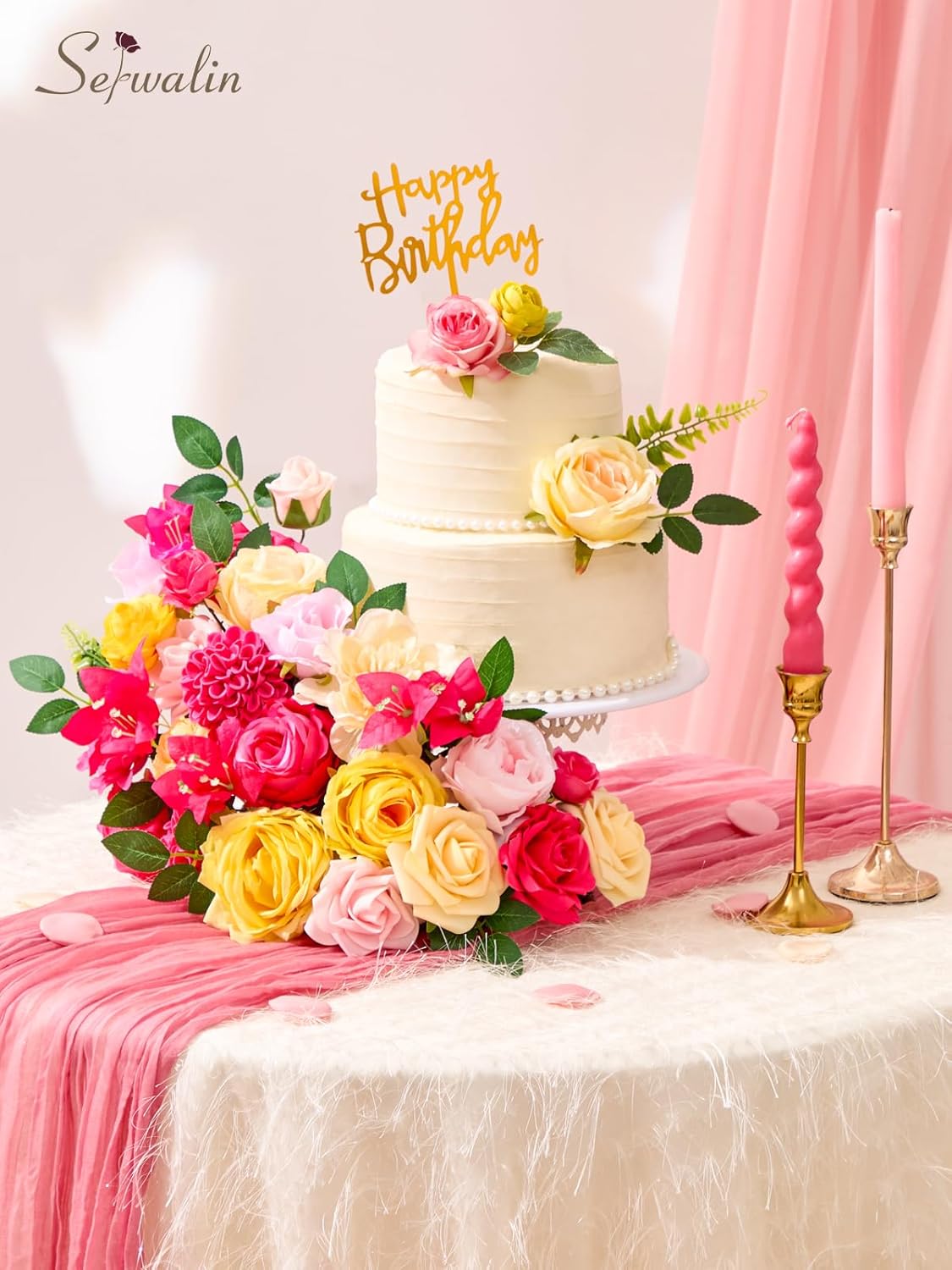 Serwalin Artificial Hot Pink & Yellow Flowers, Magenta Silk Fake Flowers, Faux Flowers for DIY Wedding Bouquets Cake Decoration Baby Shower Centerpieces Floral Arrangements Party Decor
