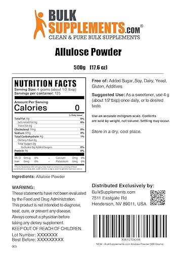 Miniatura 6 de BulkSupplements.com Polvo de Alulosa - Edulcorante de Alulosa, Sustitutos del Azúcar para Hornear, Alternativa al Azúcar - Puro y Sin Gluten, 4g por