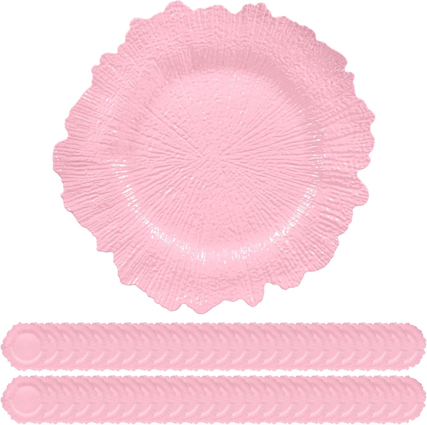 50 Pack Pink Charger Plates Bulk, 13" Plastic Reef Chargers for Dinner Plates, Round Charger Plate with Floral Reef Design for Dinner Wedding Party Table Setting Decoration
