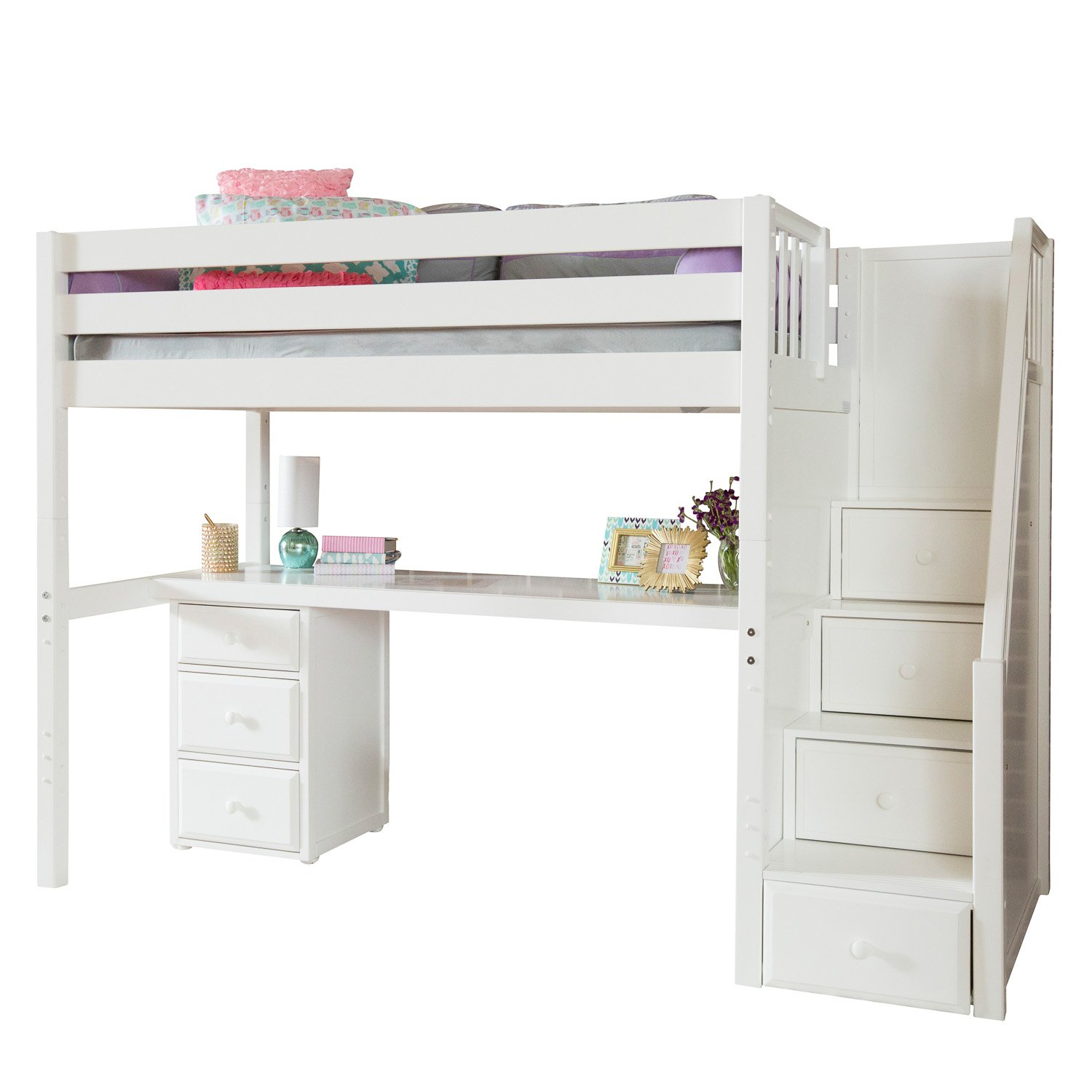 MaxtrixSolid Hardwood Twin-Size Low Loft Bed with Storage Staircase Entry, Integrated Desk, and 3 1/2 Drawer Dresser, White