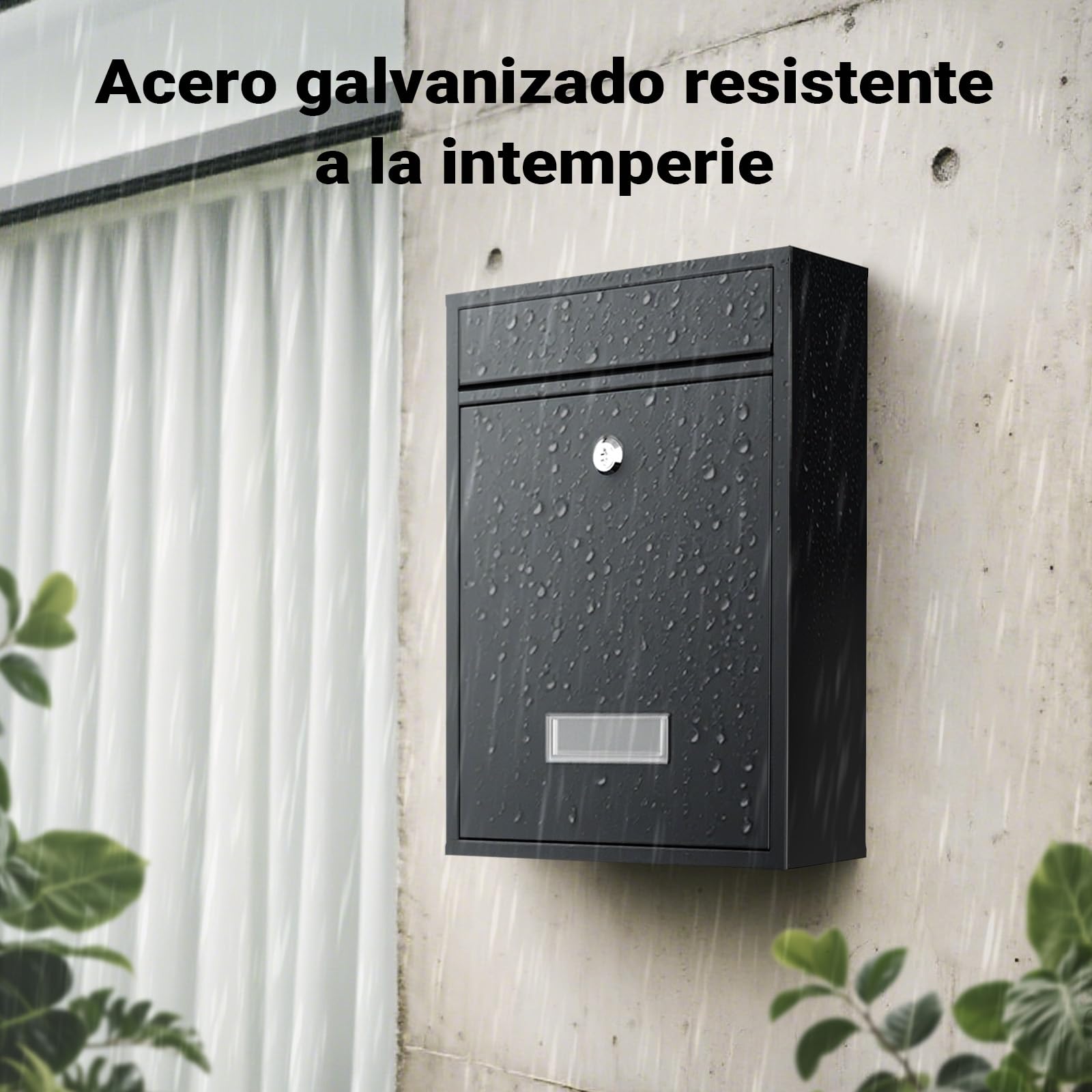 Wiltec Buzón de Pared Color Negro V10 con Placa de identificación, Amplia Ranura para Cartas y 2 Llaves buzón de Acero con Recubrimiento en Polvo para Montaje en Pared