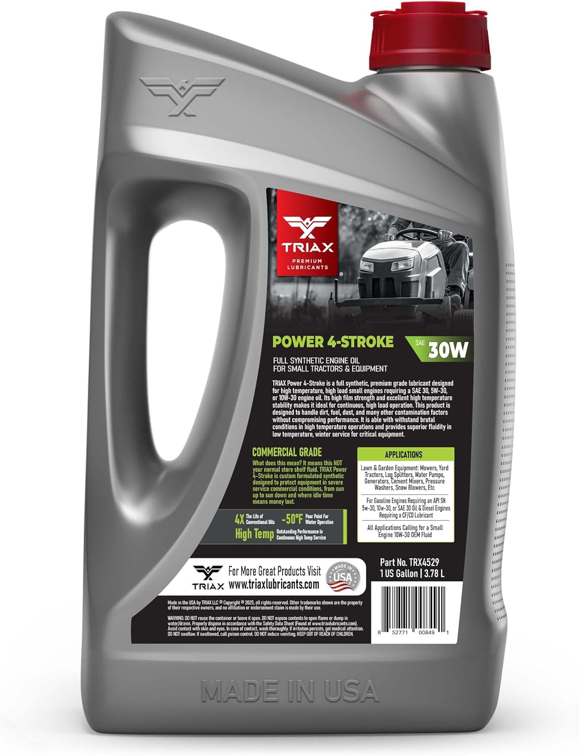 TRIAX Power 4-Stroke SAE 30W Full Synthetic 4 Cycle Small Engine Motor Oil | For Lawnmower, Generator, Tractor, Log Splitter, Snow Blower, Pressure Washer, Cement Mixer, and More (1 Gallon)