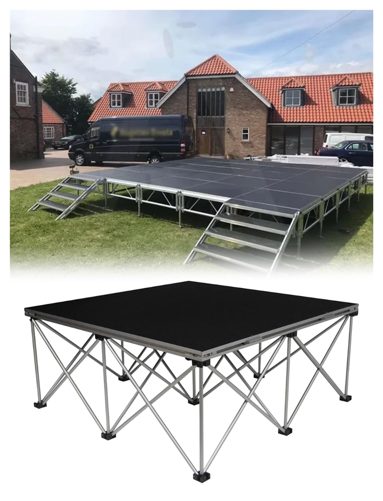 Plataforma de escenario plegable ajustable para actuaciones, conciertos y configuración de eventos portátiles con diseño modular conectable
