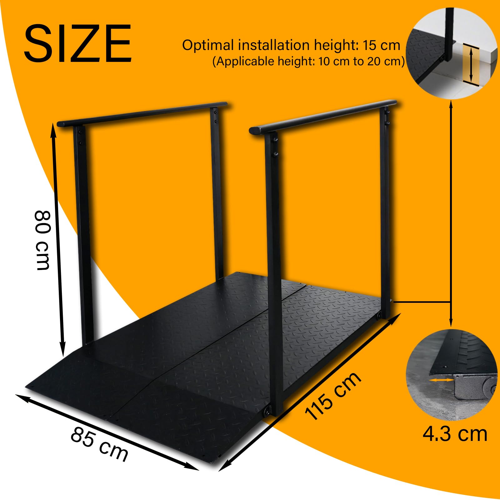Rampa para Silla de Ruedas con Barandillas 454kg Capacidad | Antideslizante Rampa, 115*85cm Ancha Rampas para Discapacitados per Escaleras, Escalones y Umbrales