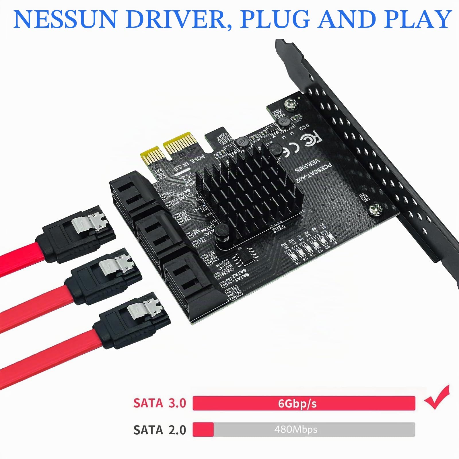 Scheda di espansione PCIe SATA 6 porte x1 6Gbps con controllore e 6 cavi | supporto SSD/HDD, compatibile Windows XP/7/8/10 e Linux