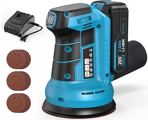 Tilswall Lijadora orbital inalámbrica de 20 V, lijadora eléctrica de mano de palma de 5 pulgadas con colector de polvo al vacío, lijadora eléctrica