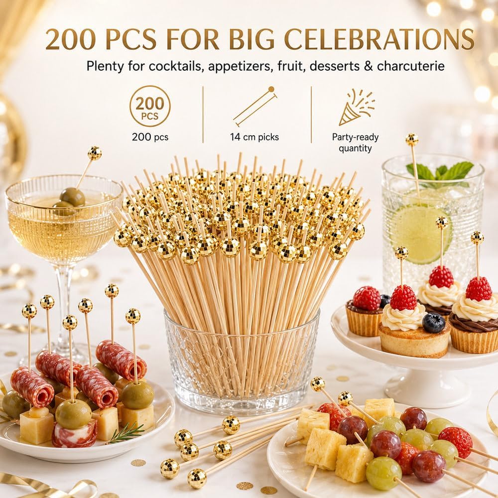 Cwise 200 Pcs Gold Disco Ball Cocktail Picks, Bamboo Skewers for Appetizers, Drinks, Fruit, Desserts, Charcuterie Boards, Decorative Toothpicks for Weddings and Parties