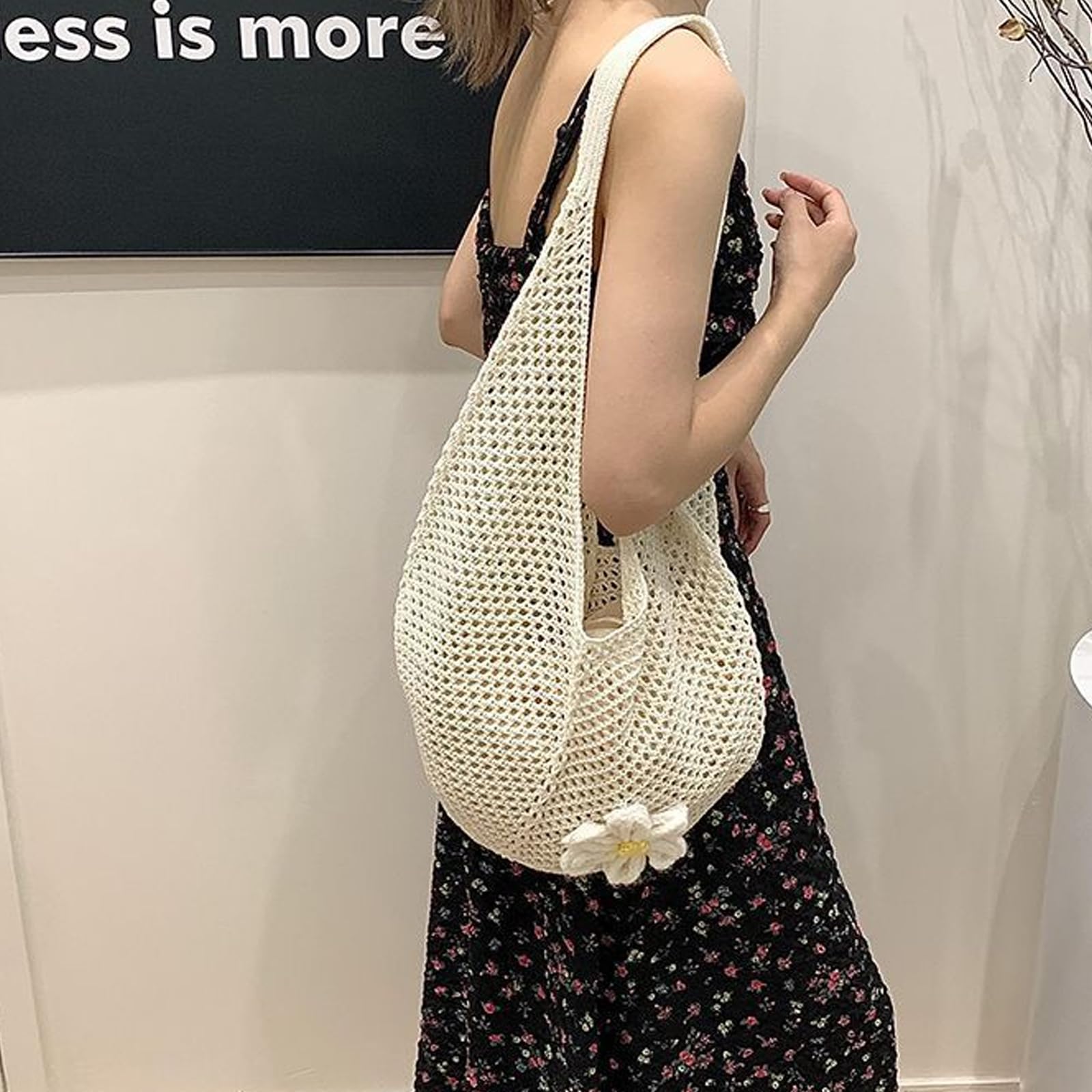 Bolso Ganchillo Mujer con Flores, Bolsa Playa de Malla Transpirable, Bolso Verano Mujer Boho con Gran Capacidad para Compras y Playa