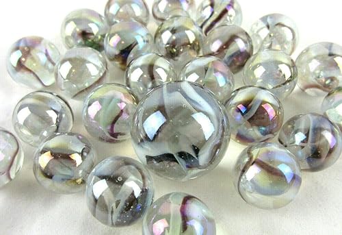 Miniatura 3 de ~25 canicas de vidrio con forma de oso polar iridiscente transparente/marrón/remolino blanco, paquete de juego de estilo clásico (24 jugadores, 1