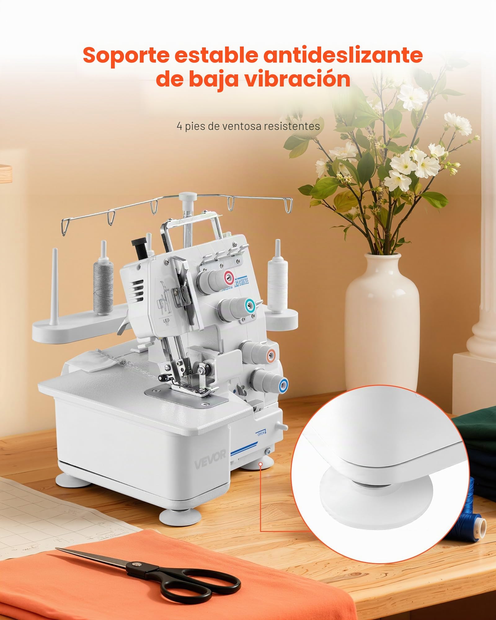 VEVOR Máquina de Coser Overlock, 1250 Puntadas por Minuto, Compatible con 3 y 4 Hilos, con Luz LED y Pies de Succión Fuertes, con Marco de Metal para Varios Tejidos, Blanco, 260 x 270 x 270 mm