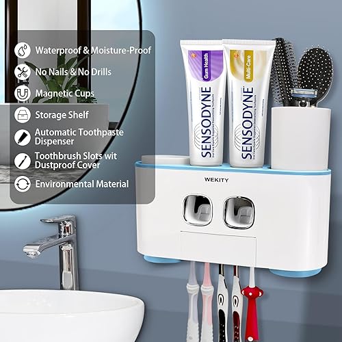 Miniatura 2 de WEKITY - Soporte multifuncional para cepillo de dientes y dispensador de pasta de dientes para pared de baño, con 5 ranuras para cepillos de