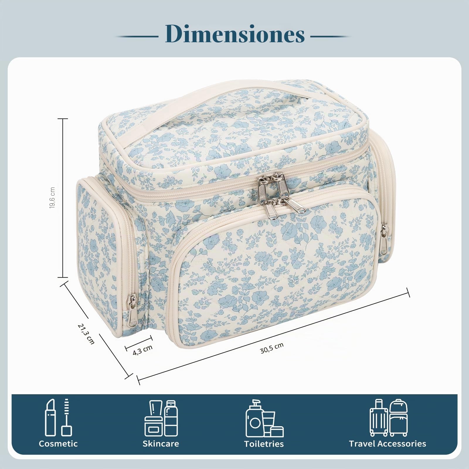 Neceser grande de viaje, bolsa de maquillaje para mujer, bolsa de maquillaje con soporte para pinceles, organizador portátil, azul flores, Neceser grande