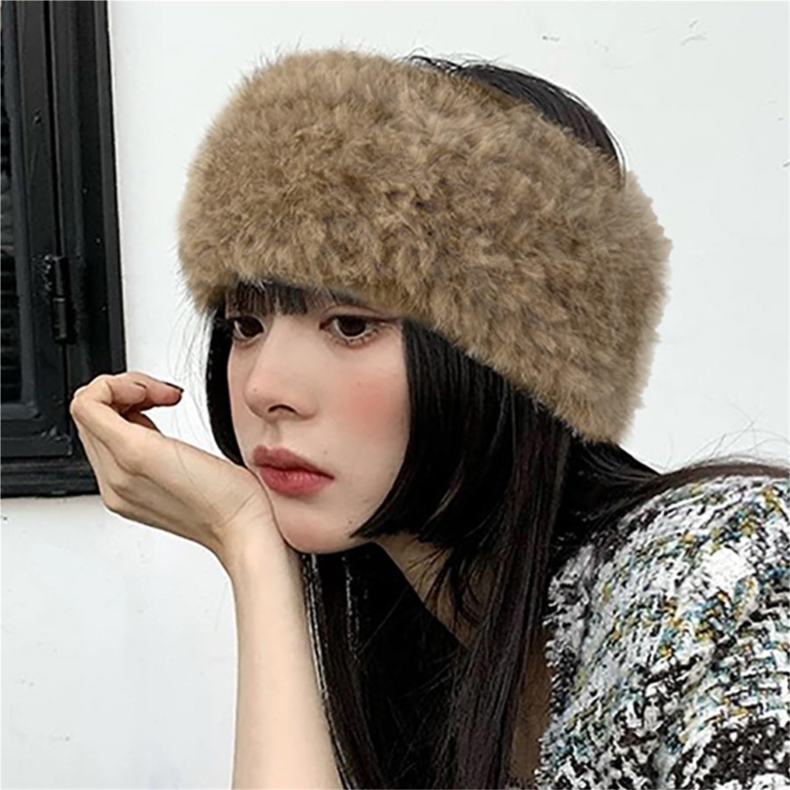 2 pièces hiver chaud épais fourrure bandeau moelleux fausse femmes fille croix chapeau en plein air cache-oreilles Ski chapeaux Pour Hiver(Khaki)