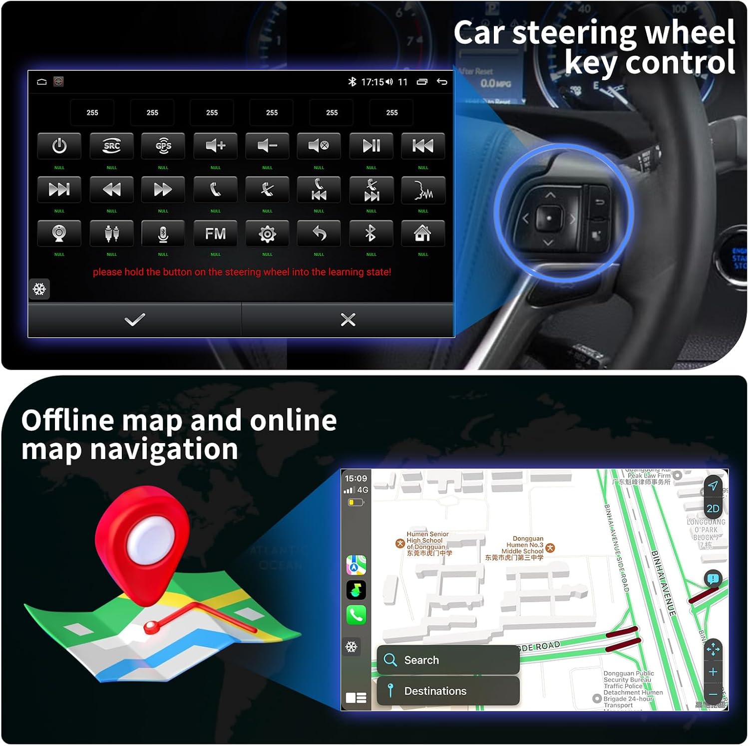 KiriNavi car radio screen showing the Bluetooth dialing interface with a phone keypad.