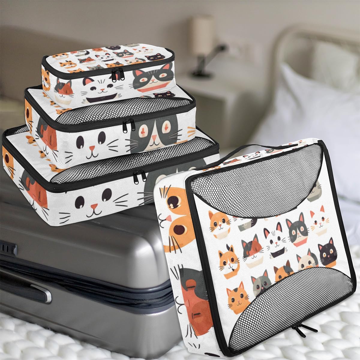 Cute Cat Face 4 Set Packing Cubes Packing Cubes for Women Lightweight Travel Essential Bag Clothes Carry on Suitcase Bags for Accessories Essentials