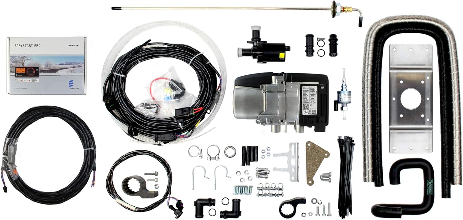 All components of the Eberspacher S3 D6L CS 24V Heater Kit laid out.