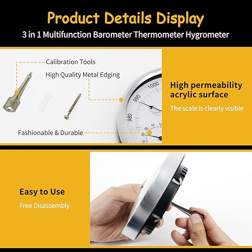 Miniatura 5 de Estación meteorológica de esfera de 5.2 pulgadas de diámetro, estación meteorológica 3 en 1, barómetro combinado, termómetro e higrómetro, barómetro