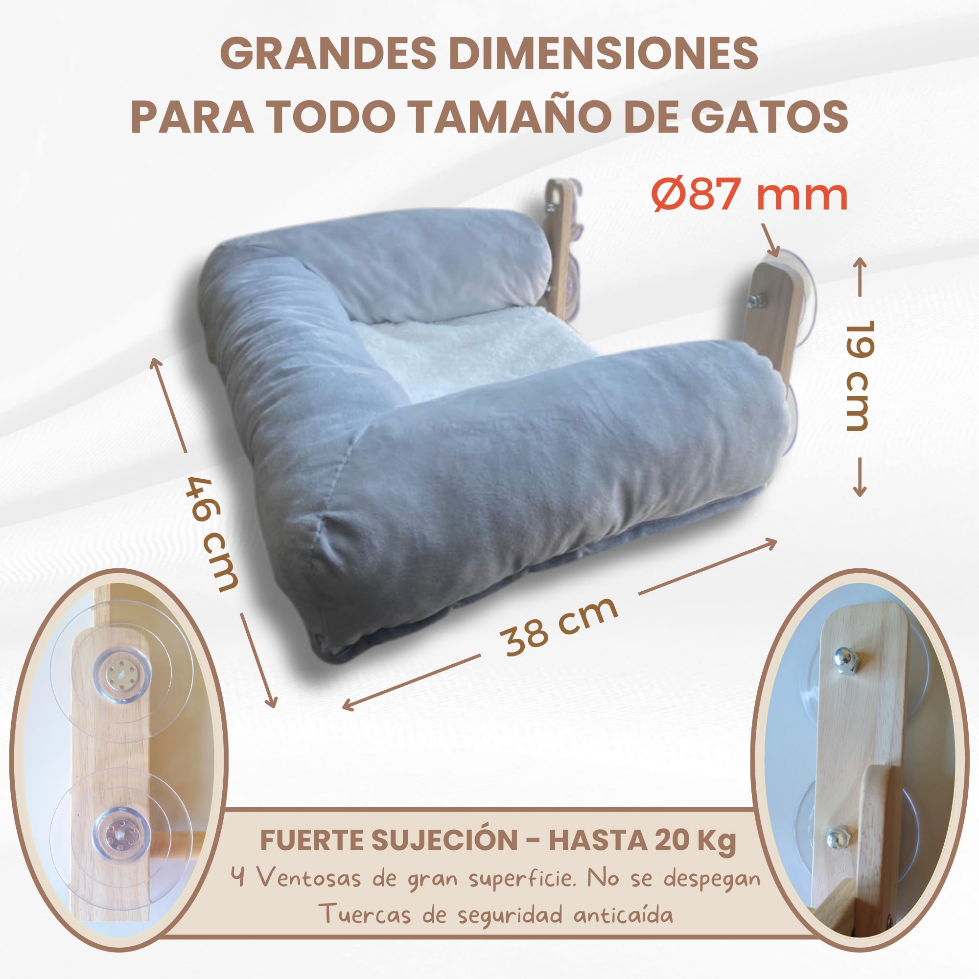 CATTUNED | Cama Gato Ventana, Madera Maciza + Cama-Nido Ultra Suave, Ventosas Extra Fuertes, Diseño Minimalista, Ideal para Interior Moderno, Hamaca de Gato para Ventana, Hamaca para Gatos Grandes