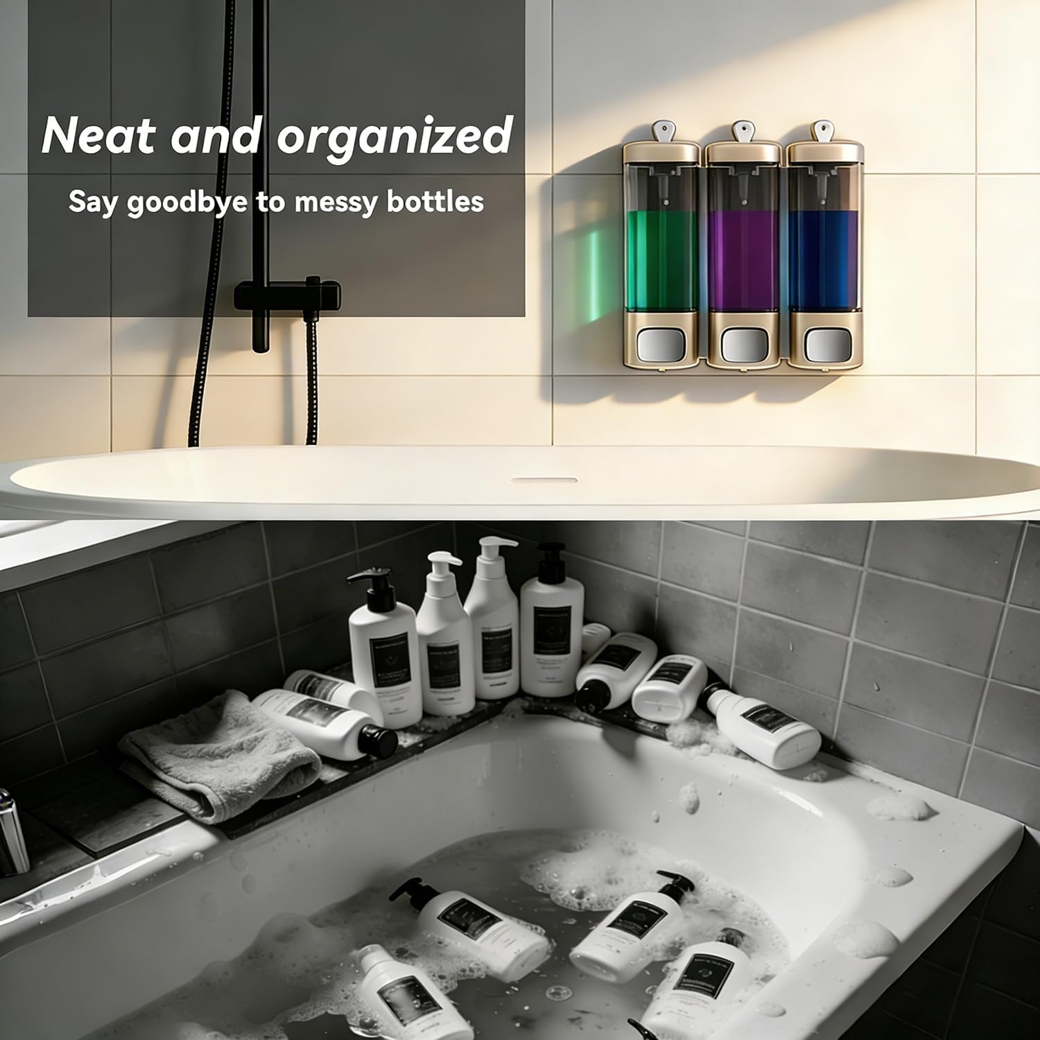 Shampoo and Conditioner Dispenser Wall Mounted, Shower Dispenser 3 Chamber No Drill, Shower Soap Dispenser with 3 * 320ML Capacity for Bathroom, Hotel, Home, Kitchen (Champagne Gold)