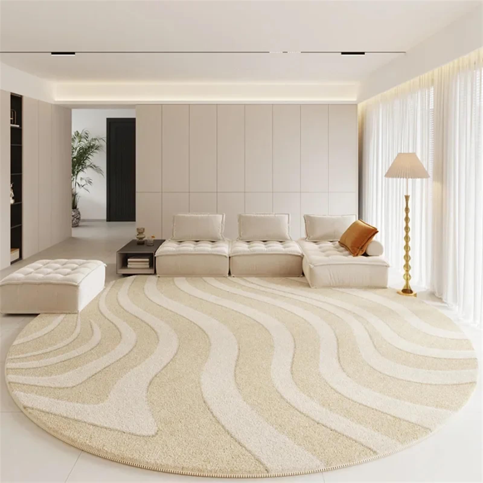 Tapis de salon rond et épais haut de gamme, coloris crème chaleureux 100cm
