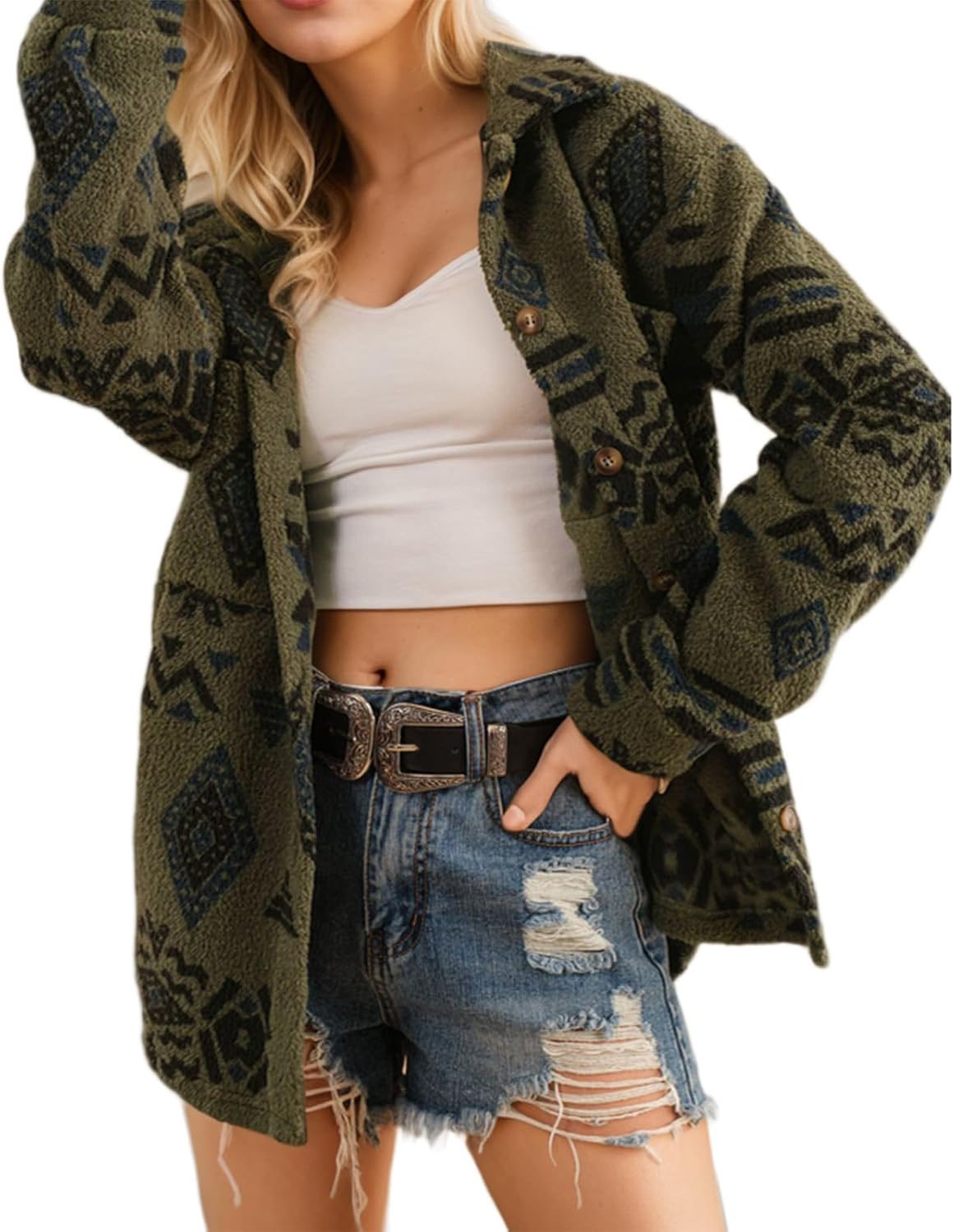 Womens Aztec Print Fleece Jacket Ethnic Geometric Sherpa Fluffy Fuzzy Lapel Button Down Open Front Coat