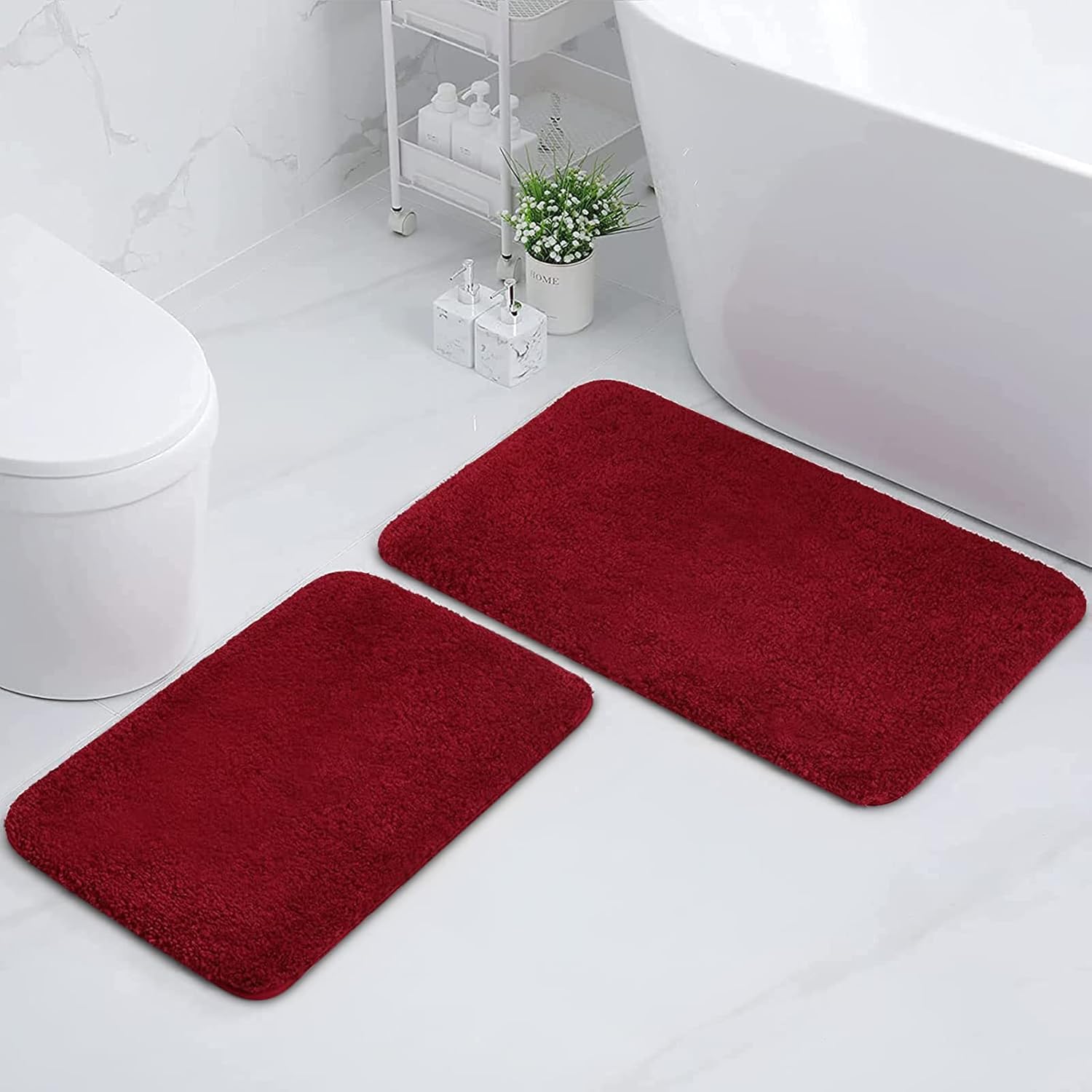 Buganda Microfiber Bathroom Rugs Set 2 Pieces - Shaggy Soft Thick Bath Mat, Non-Slip Machine Wash/Dry Absorbent Shower Bathroom Rugs and Mats Sets for Bathroom(20"x32"+20"x32",Burgundy)