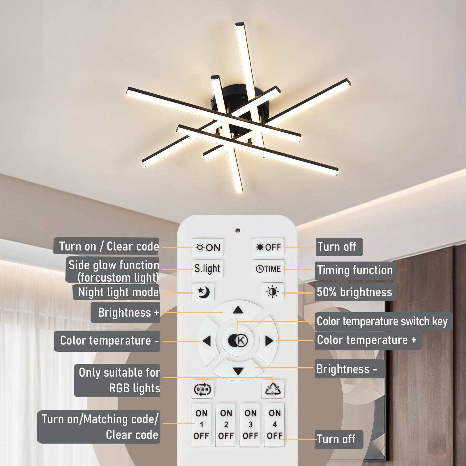 6-Flammig LED Deckenleuchte Dimmbar, 42W 55cm Deckenlampe Schwarz Modern Wohnzimmerlampe mit Fernbedienung, 3000K-6500K, Schlafzimmerlampe Led deckenleuchte dimmbar für Büro Küche esszimmer