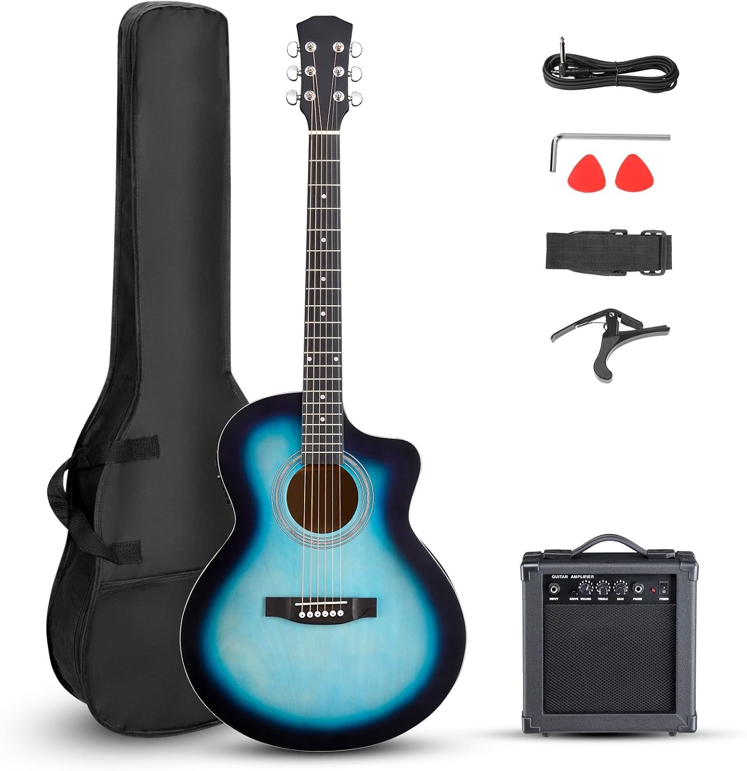 Ktaxon Full Size Acoustic Electric Guitar with 15W Amp, 41 Inch Wood Body Adults Guitars Beginner Kit W/Gig Bag, Strap, Picks & Capo, Blue