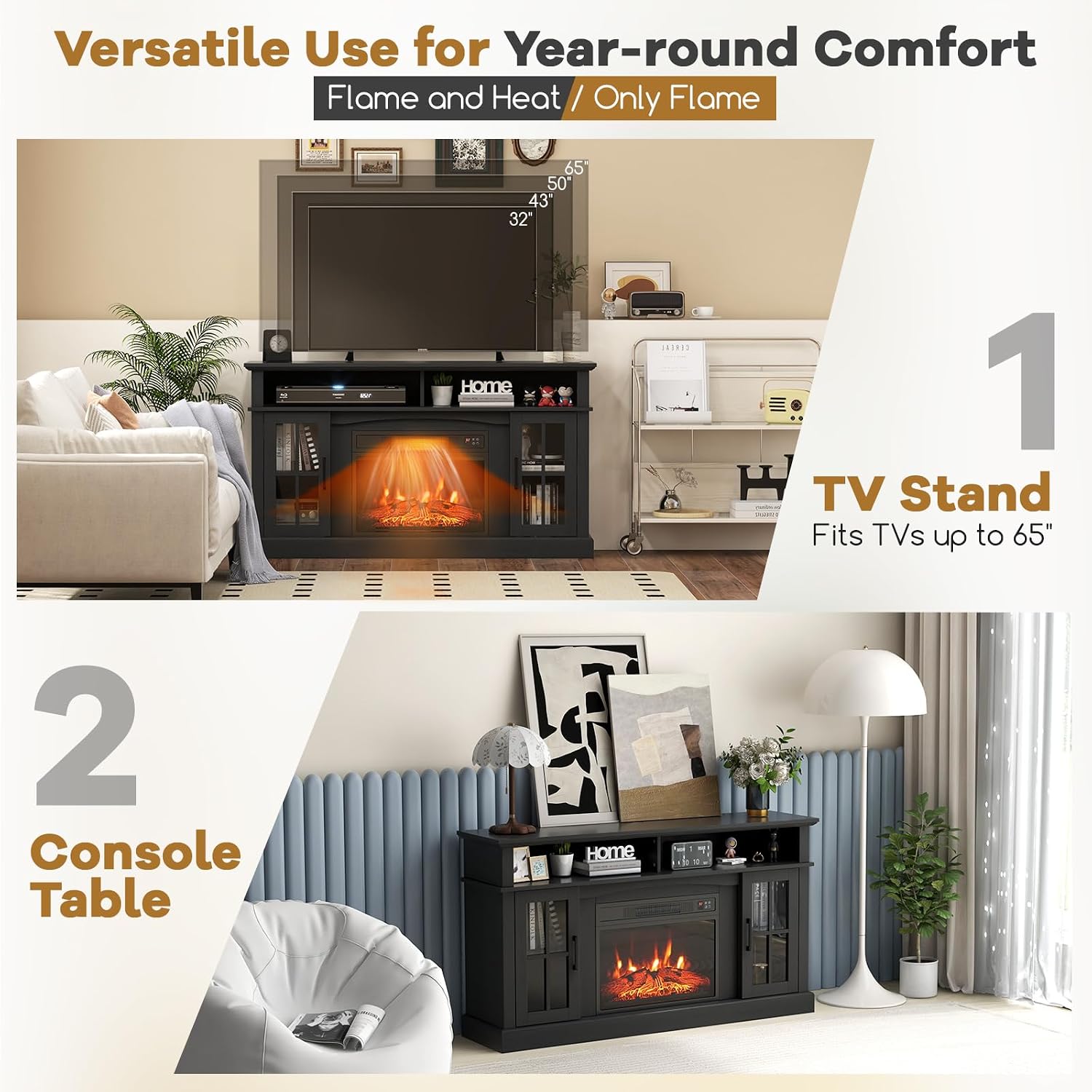 RELAX4LIFE Electric Fireplace TV Stand for TVs up to 65’’, Media Entertainment Center w/23’’ Fireplace Insert, 3-Level Flame, Remote Control & Storage Cabinet, TV Console Table for Living Room (Black)