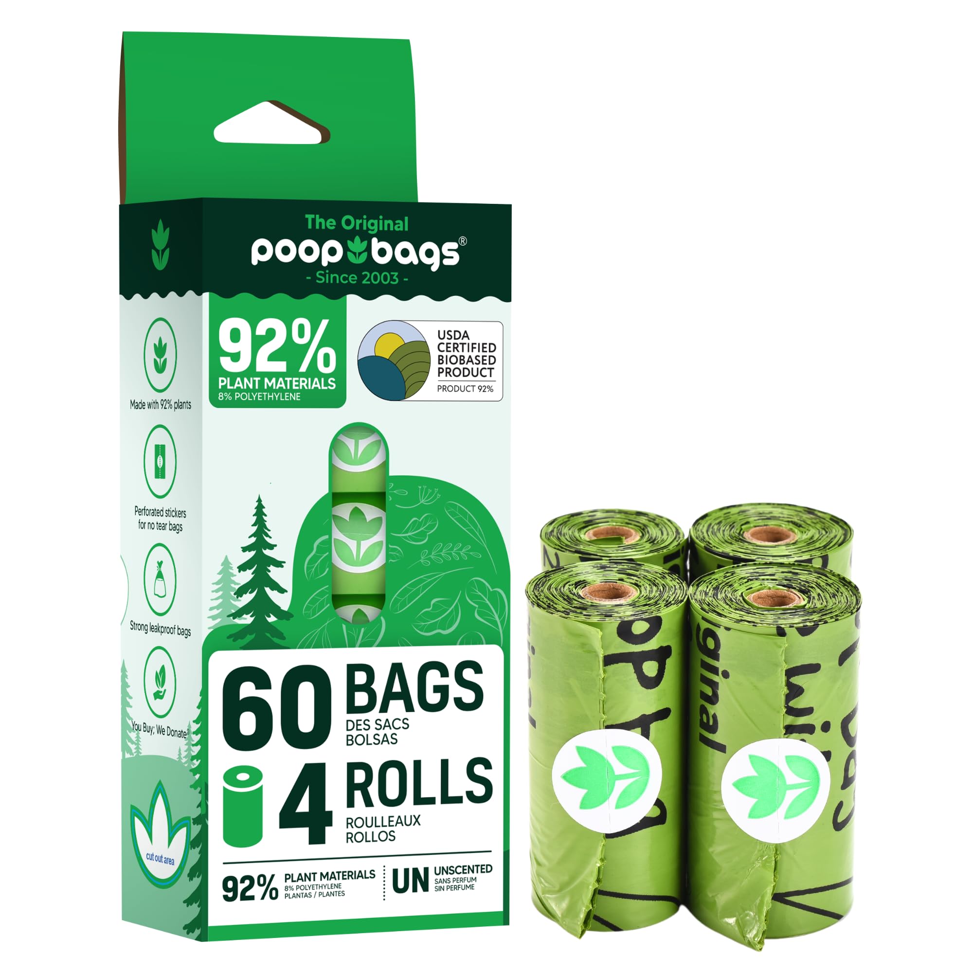 The Original Poop Bags - Sacchetti compostabili, 9 x 13 cm, 4 rotoli, 60 totali - Supporta Jane Goodall Institute - acquisti, doniamo - imballaggio può variare