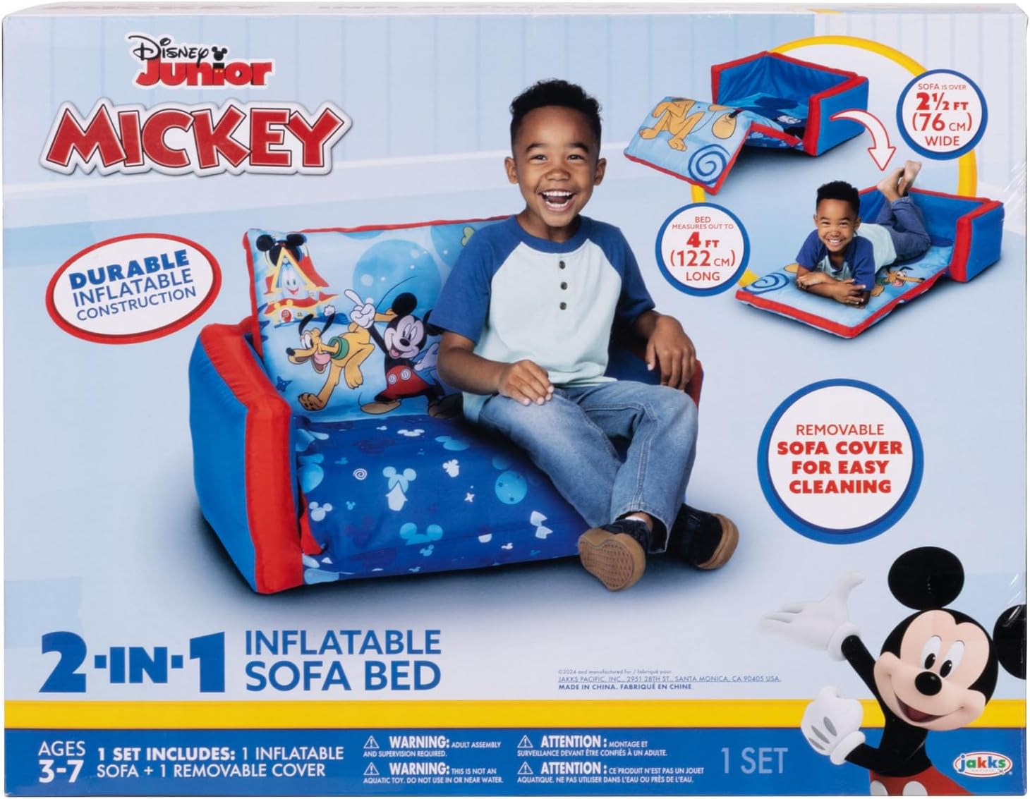 Mickey Mouse Kids Sofa Bed, Children's 2-in-1 Flip Open Inflatable Comfy Couch to Lounger, Toddler Nap Mat, Kids Couch Sofa for Boys and Girls Playroom