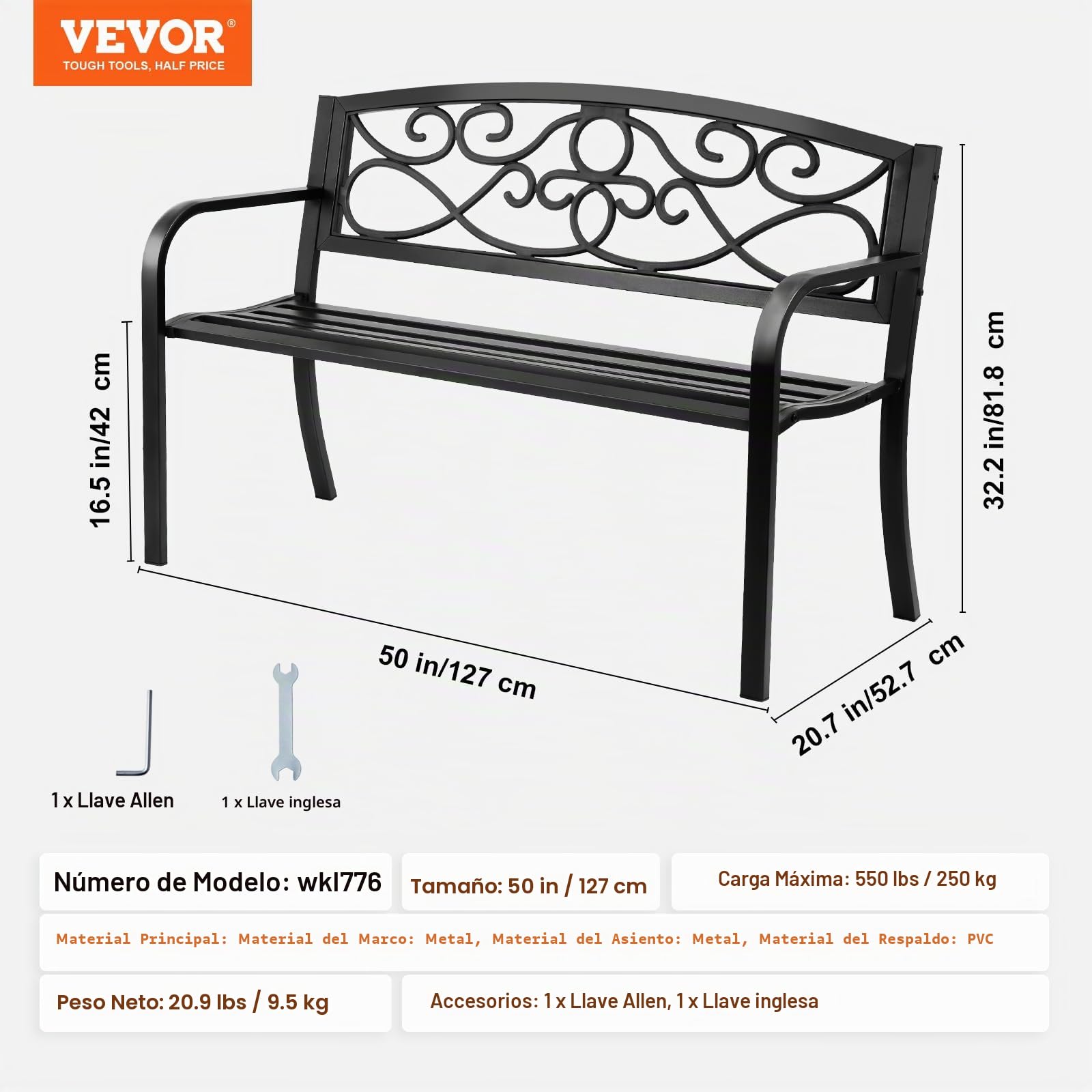 VEVOR, Banco de jardín de Metal para Exteriores, 127 cm, Color Negro, 127 cm