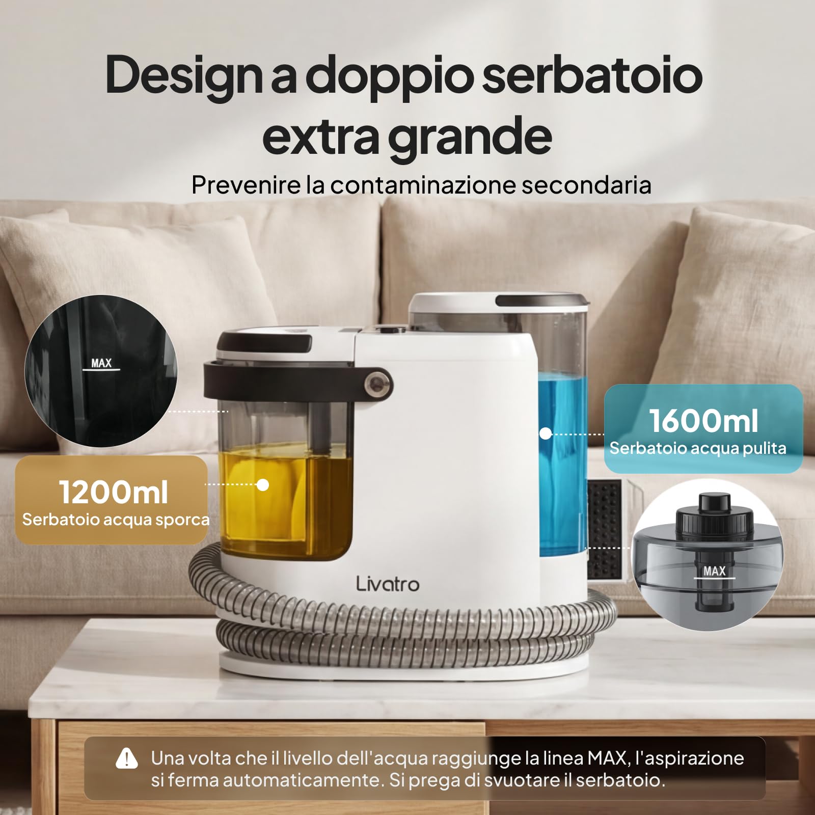 Livatro Lavatappeti e Divani Lava e Asciuga, 1700W Pulitore a Vapore per Divani, 15KPa Lava Tappezzeria, Pulisci Divani a Vapore, Serbatoio da 1,6 L, per Pulito, Mobili Imbottiti, Sofà, Auto