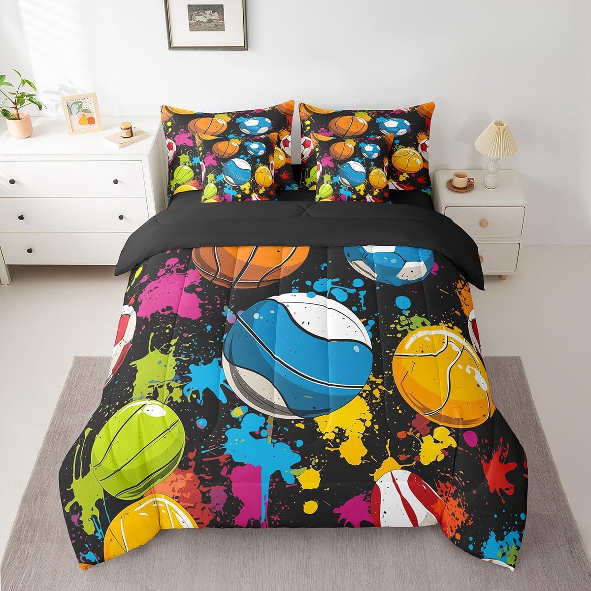 Erosebridal Kids Sports King Bed in A Bag 7 Piece Basketball Baseball Comforter Set Soccer Football Bedding Set for Teen Boys Colorful Tie Dye Balls Sheet Set with Comforter Pillow Covers