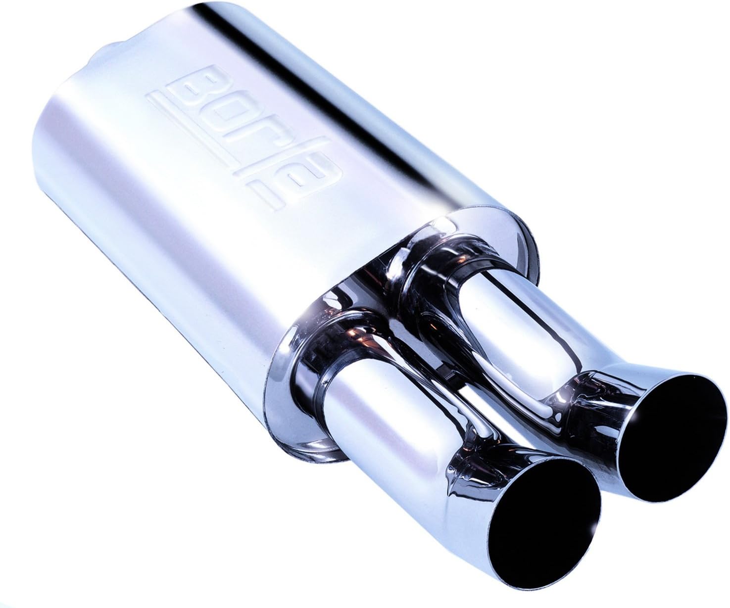 BORLA 40059 Boomers Spitfire Boomers Muffler - 2.25" Center Inlet/Dual 3" Round DTM Style Tips 5.5" x 8.5 Oval x 14" Long Body 26.25" Overall Length. Universal Part.